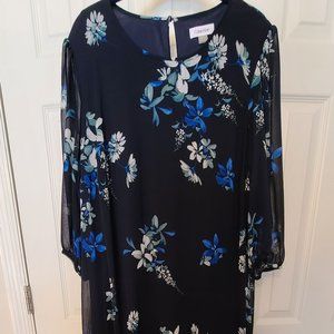 Calvin Klein Navy Floral (shades of blue) Chiffon shift dress, size 18 W.